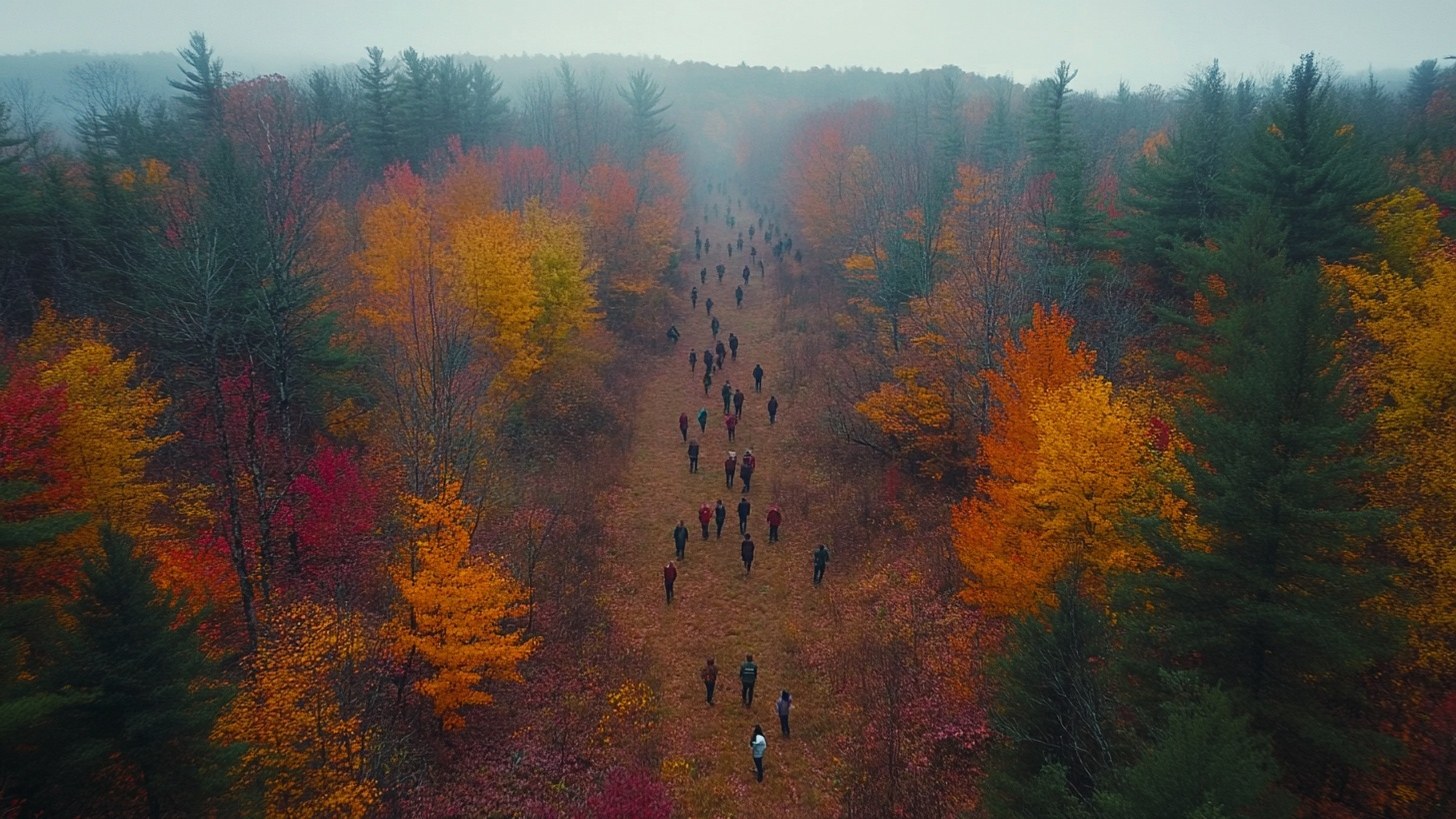 Aerial view of search parties crossing autumn woods near Glastenbury Mountain, Vermont