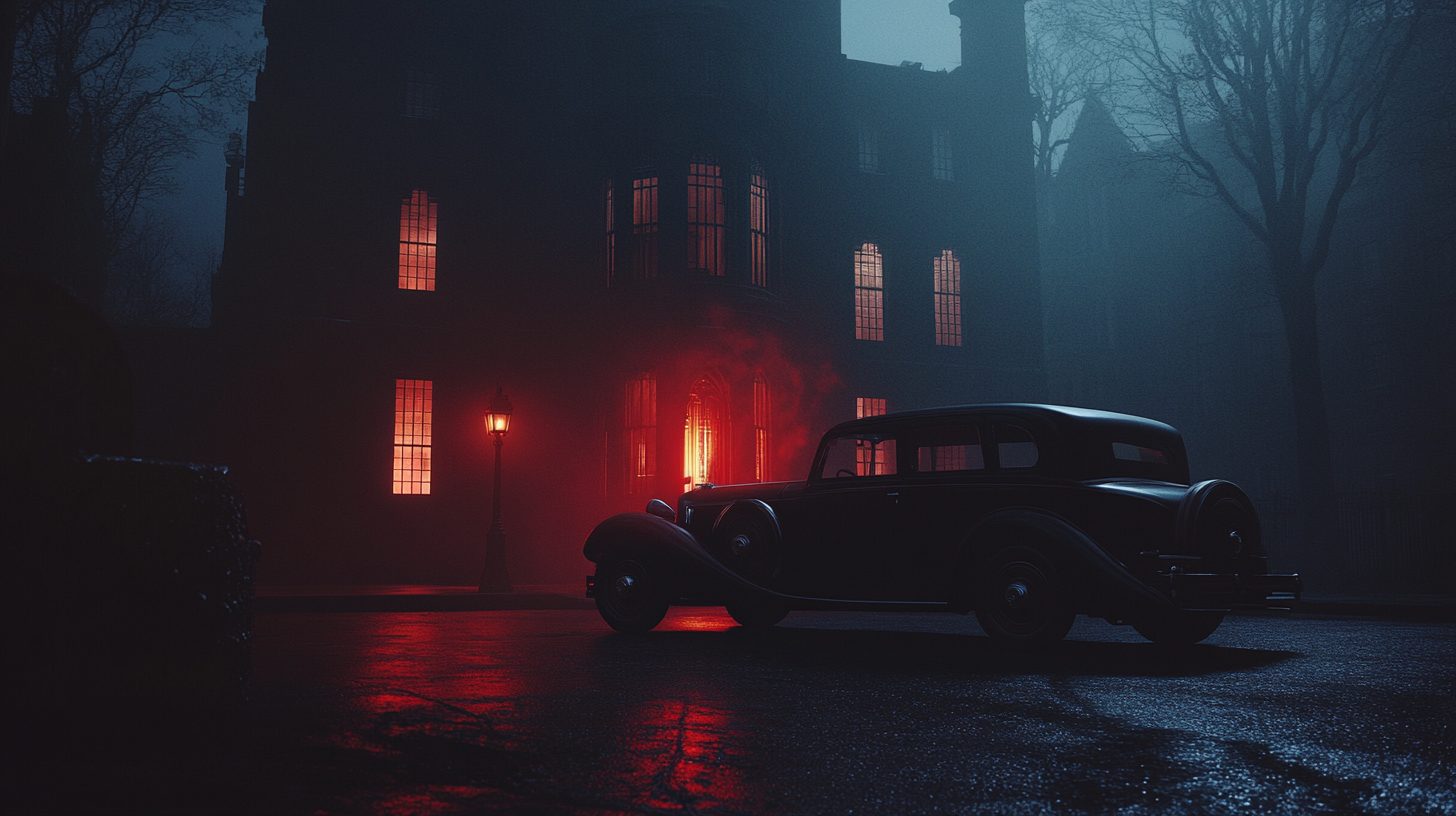 Mansion at night with windows glowing red and a vintage car parked outside