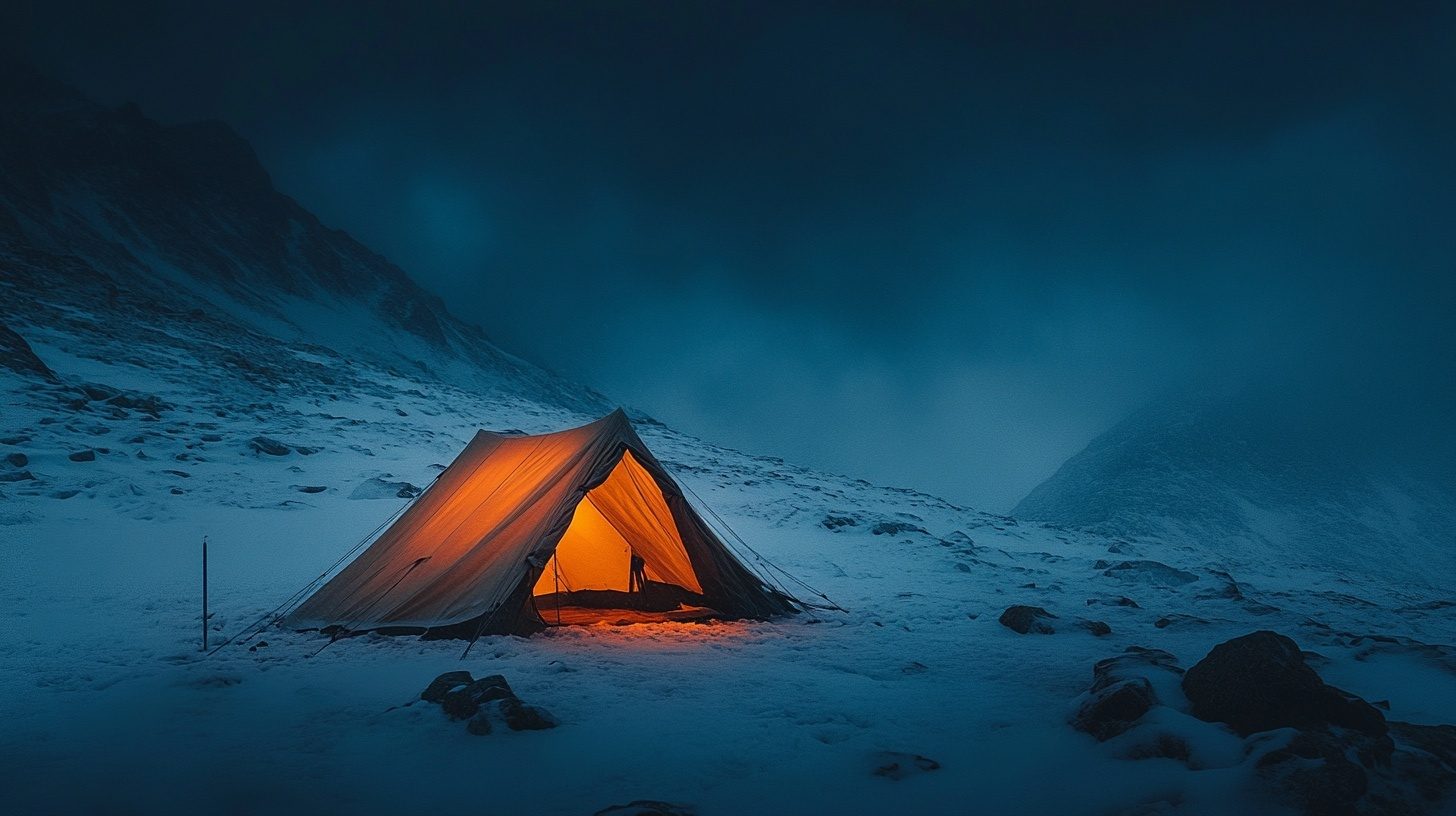 Orange tent lit from within, alone on the night snow