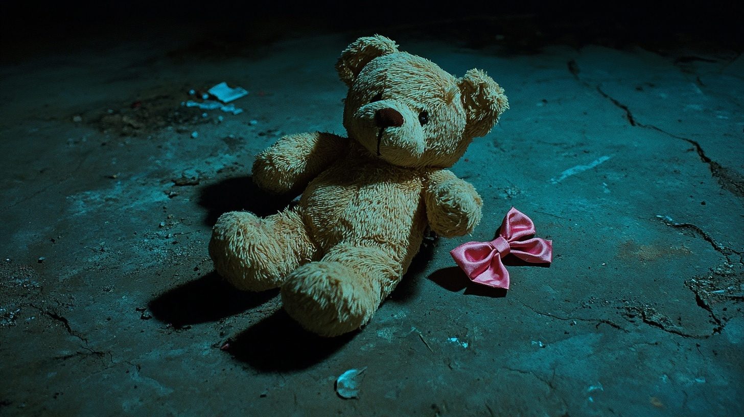 Abandoned teddy bear on cracked ground beside a pink ribbon