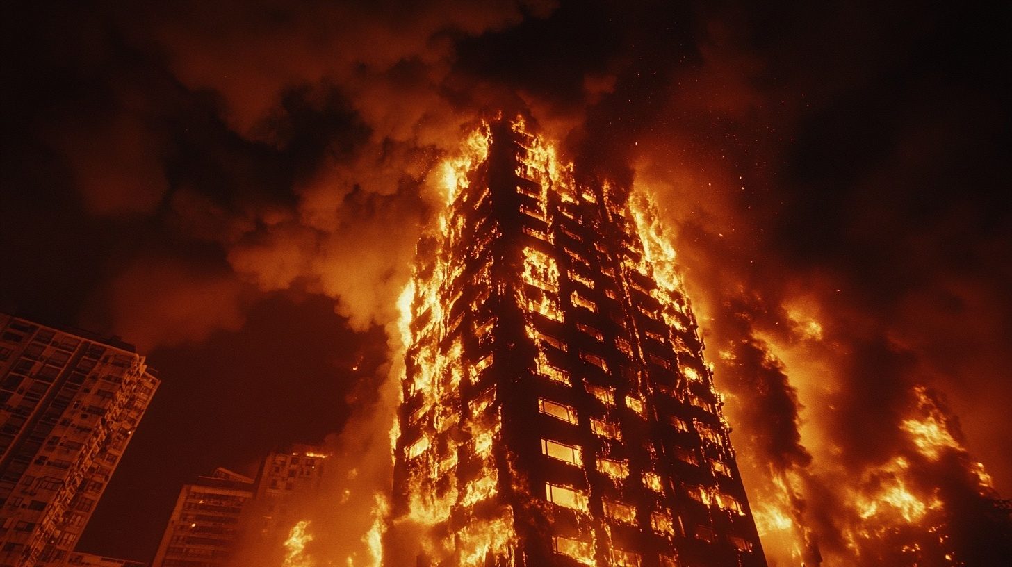 High-rise building engulfed in flames and smoke against the night sky