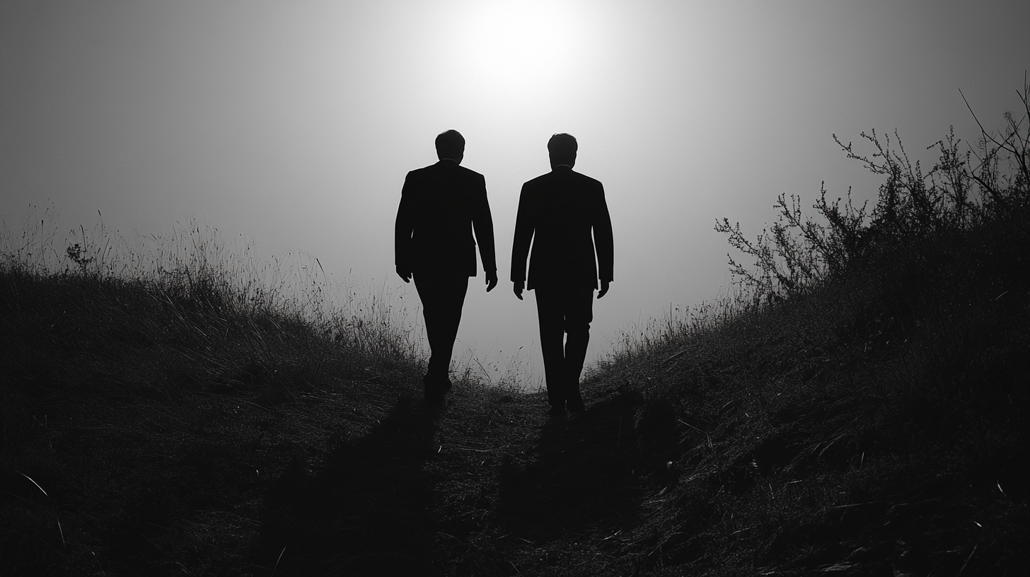 Two men in suits climbing a hill in 1960s black and white photography