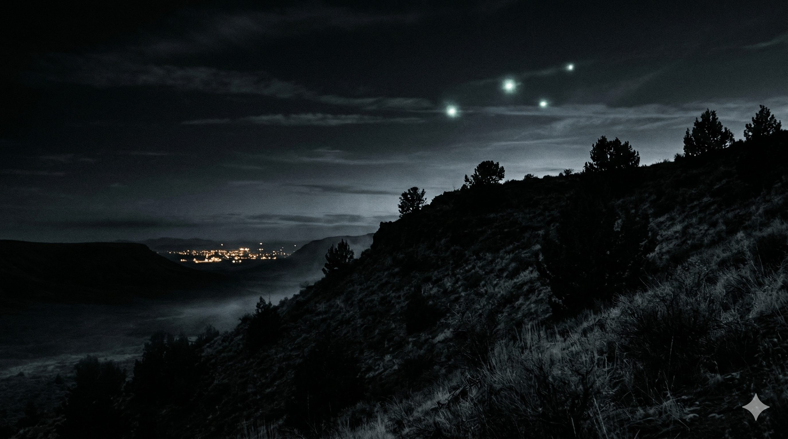 Morro do Vintem hill with mysterious lights in the sky and Niteroi city below
