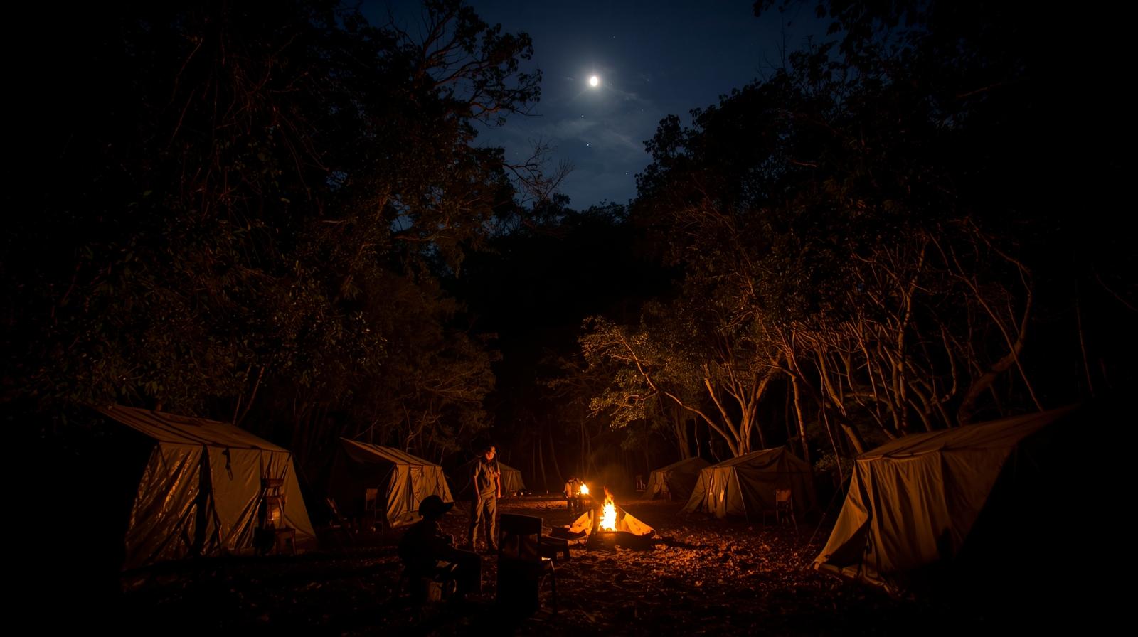 Brazilian military camp set up at night in the Amazon forest during Operation Saucer