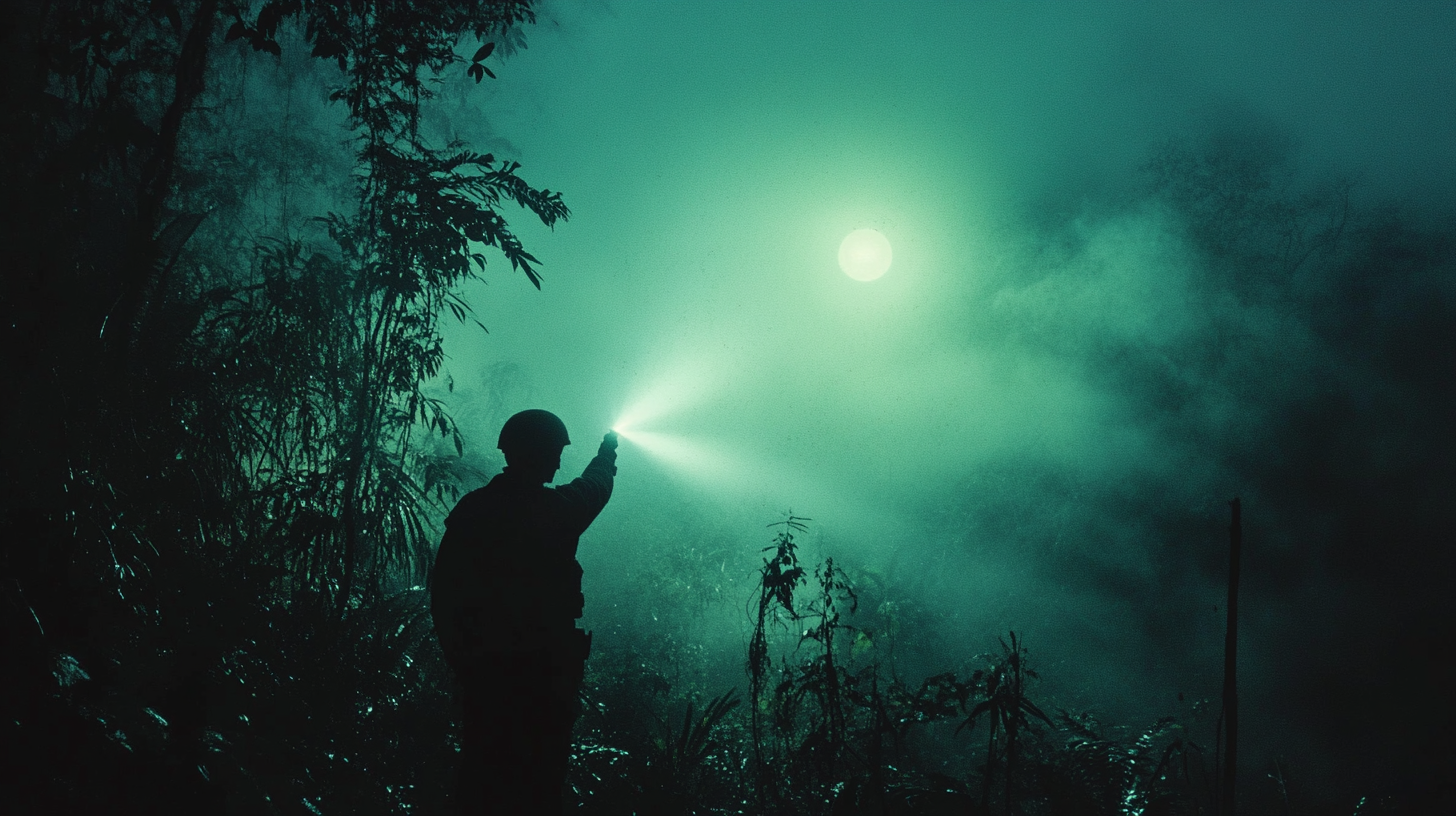 Military silhouette with searchlight scanning the jungle at night during Operation Saucer