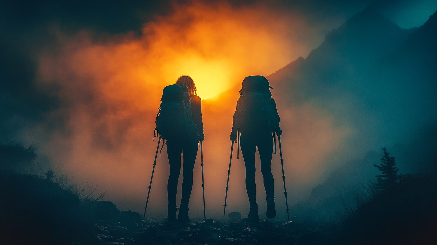 Two hikers in silhouette against the sun, in the mountain fog