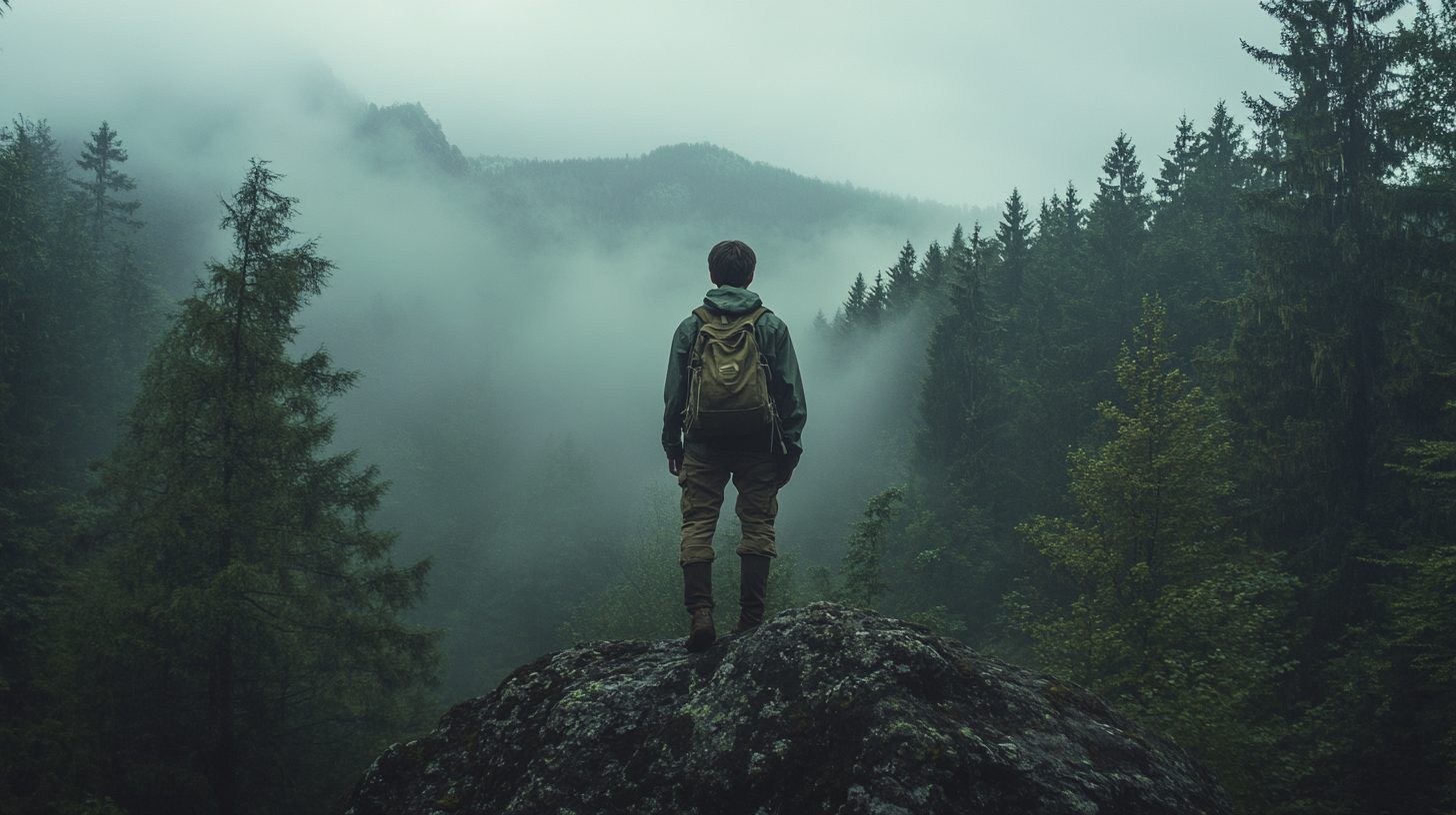 Young hiker standing on a rock facing a forest swallowed by fog