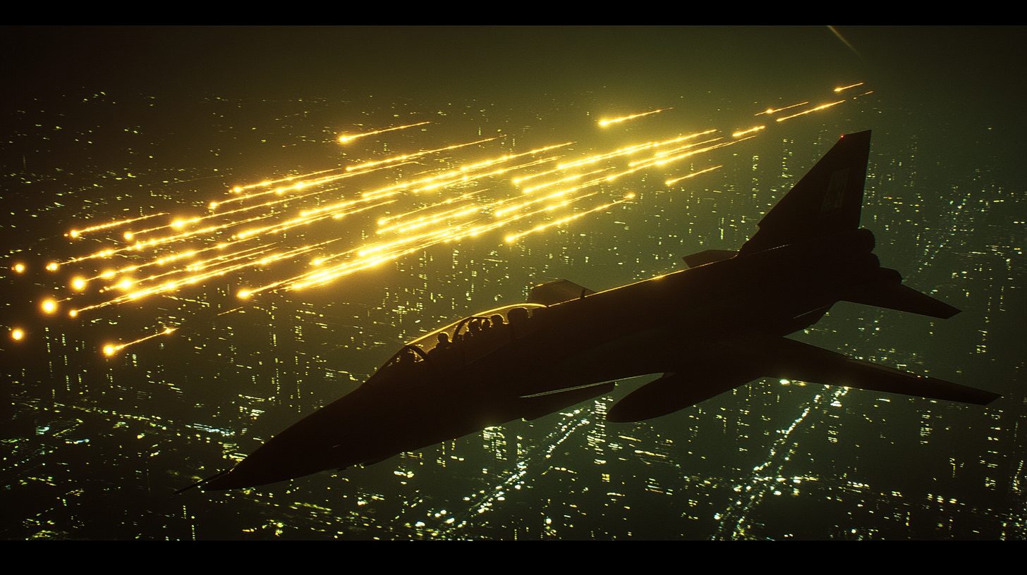 Military jet flying at night over a lit city, streaks of light across the sky