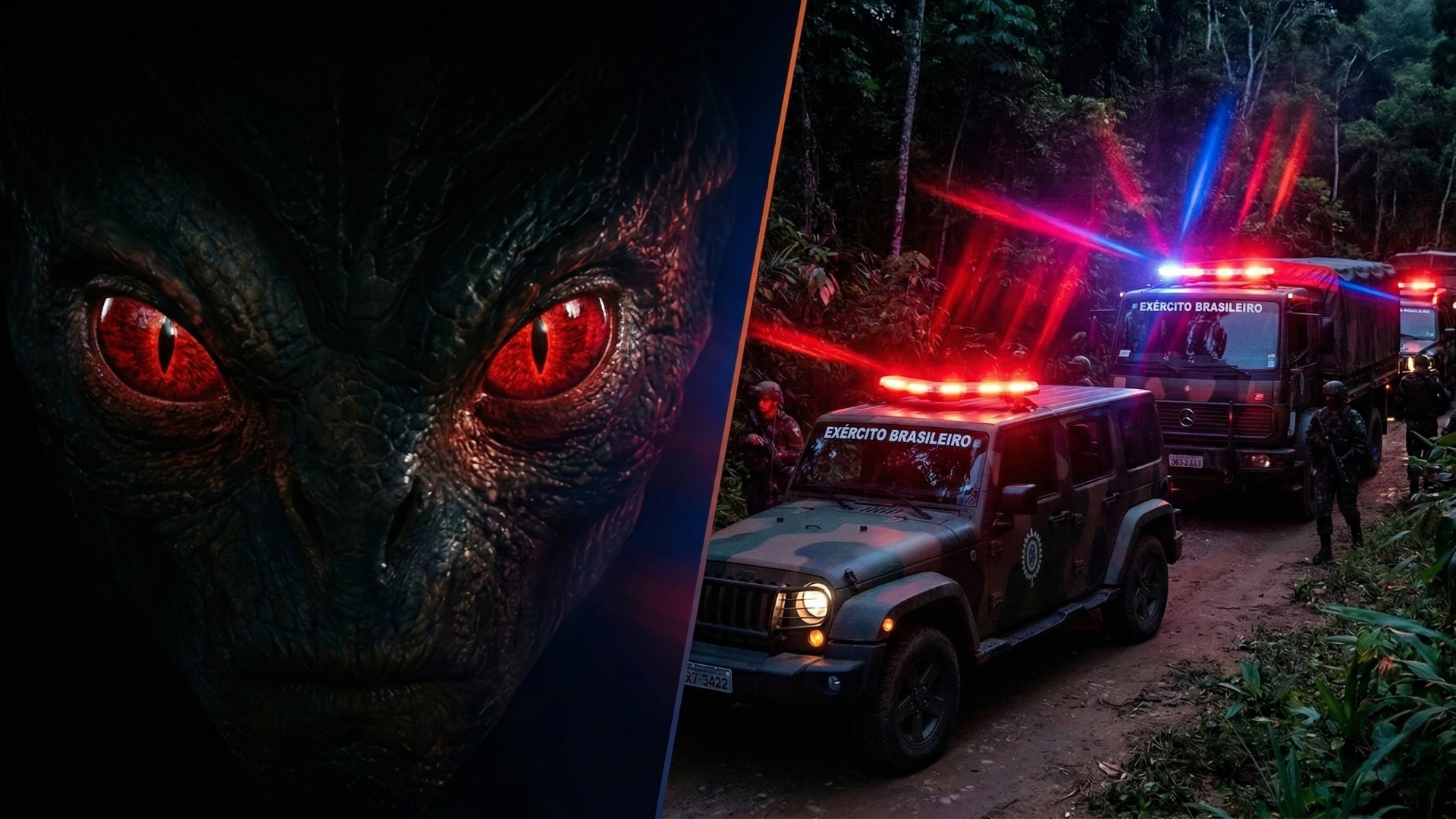 Split image showing alleged creature silhouette and military vehicles in Varginha