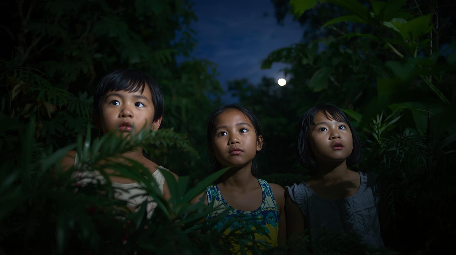 Three young women looking scared into dark bushes at night in Varginha