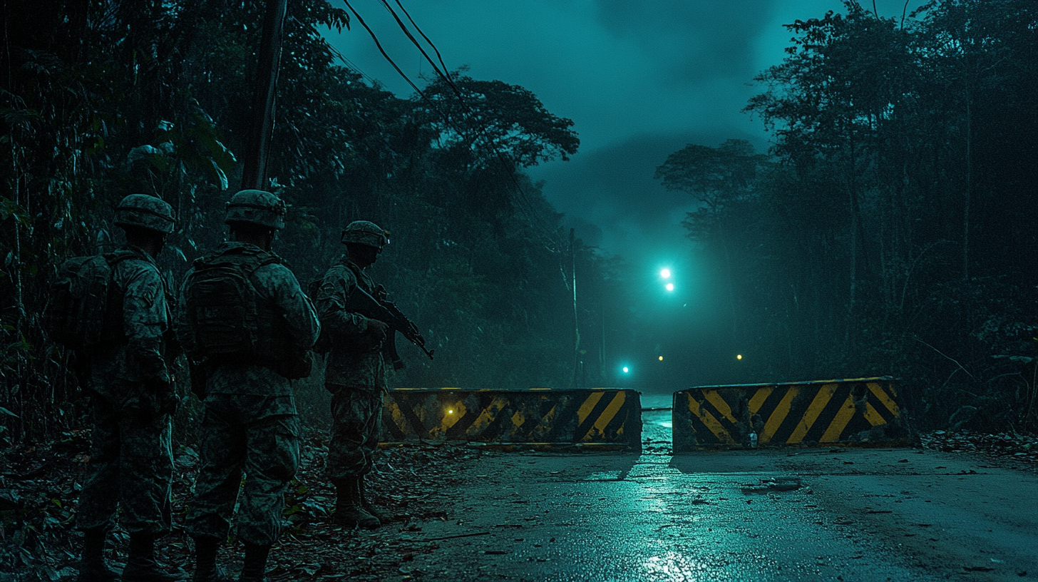 Military vehicles blocking a street at night in Varginha during the 1996 incident